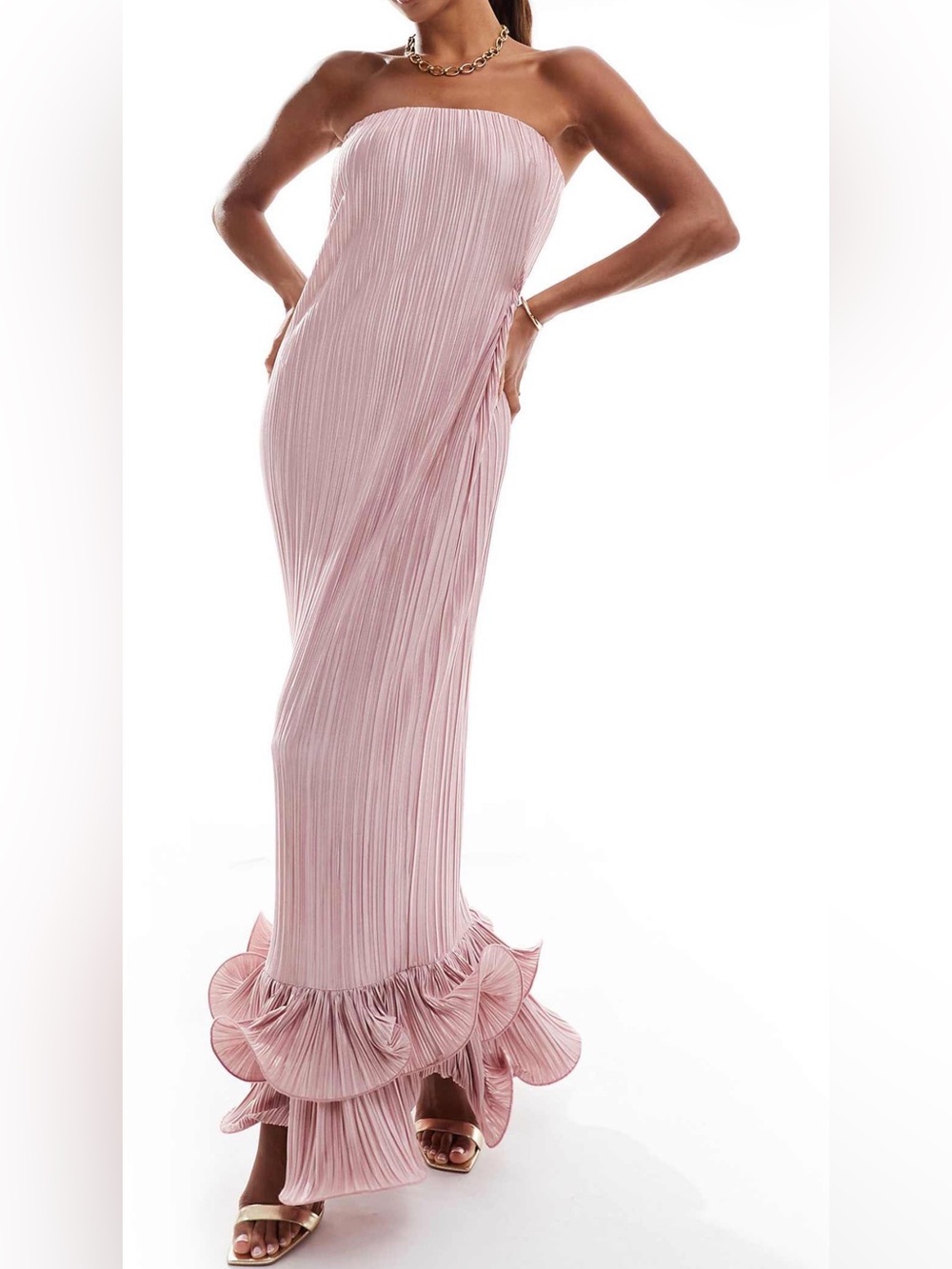NWT ASOS Strapless Pink Pleated Ruffle-Hem Maxi Dress